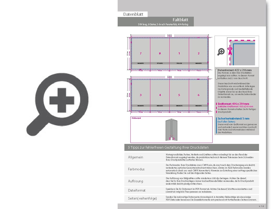 Product Bild faltblatt__gefalzt_auf_din_lang__8-seiter_(3-bruch_fensterfalz)__beidseitig_bedruckt_(4_4_farbig_+_1_sonderfarbe_hks)